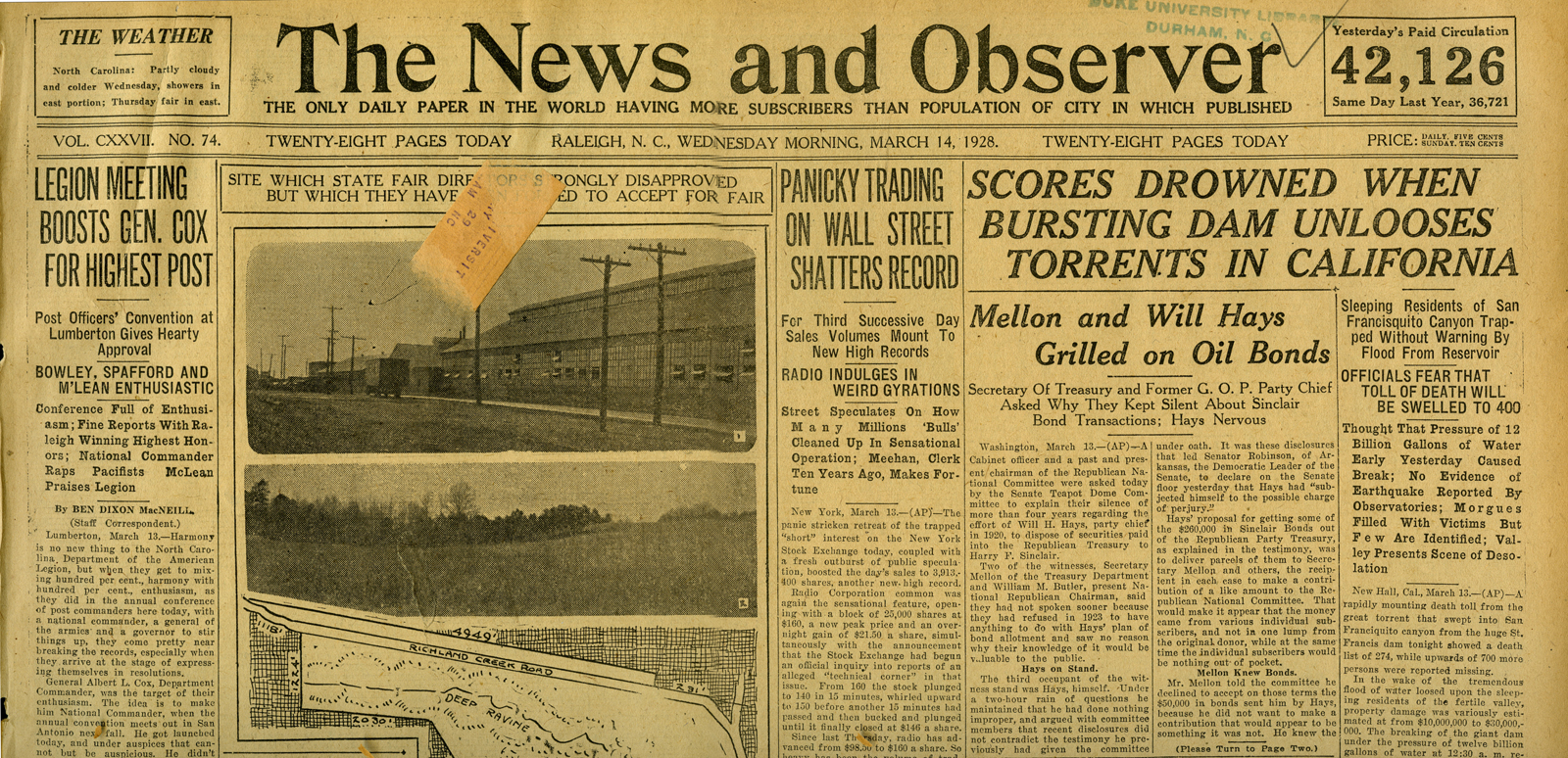 St. Francis Dam Disaster.
THE NEWS AND OBSERVER (NEWSPAPER),
WEDNESDAY, MARCH 14, 1928