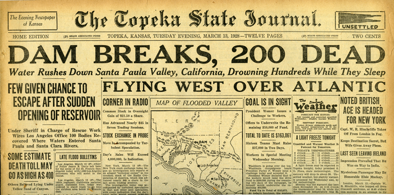 Newspapers of the St. Francis Dam Disaster.

THE TOPEKA STATE JOURNAL(NEWSPAPER),

TUESDAY, MARCH 13, 1928