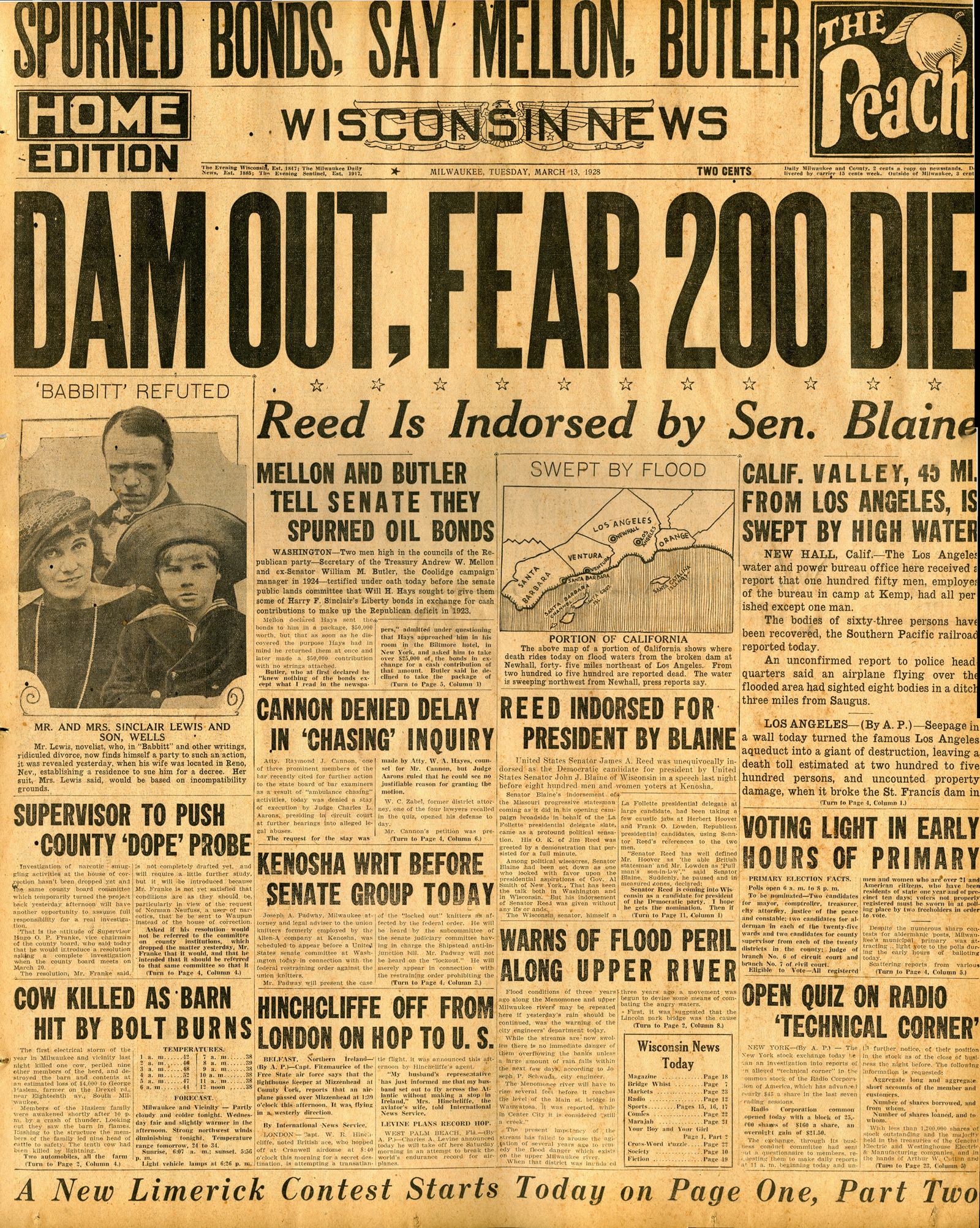 Newspapers of the St. Francis Dam Disaster.

WISCONSIN NEWS (NEWSPAPER),

TUESDAY, MARCH 13, 1928