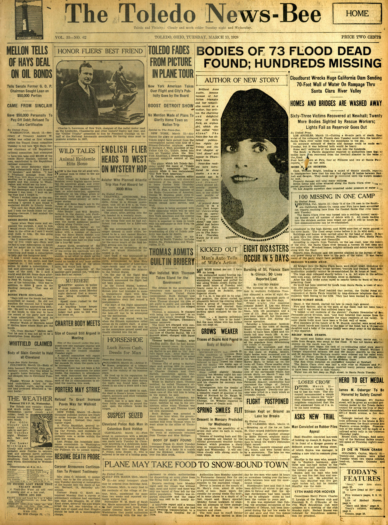 Newspapers of the St. Francis Dam Disaster.

THE TOLEDO NEWS-BEE(NEWSPAPER),

TUESDAY, MARCH 13, 1928