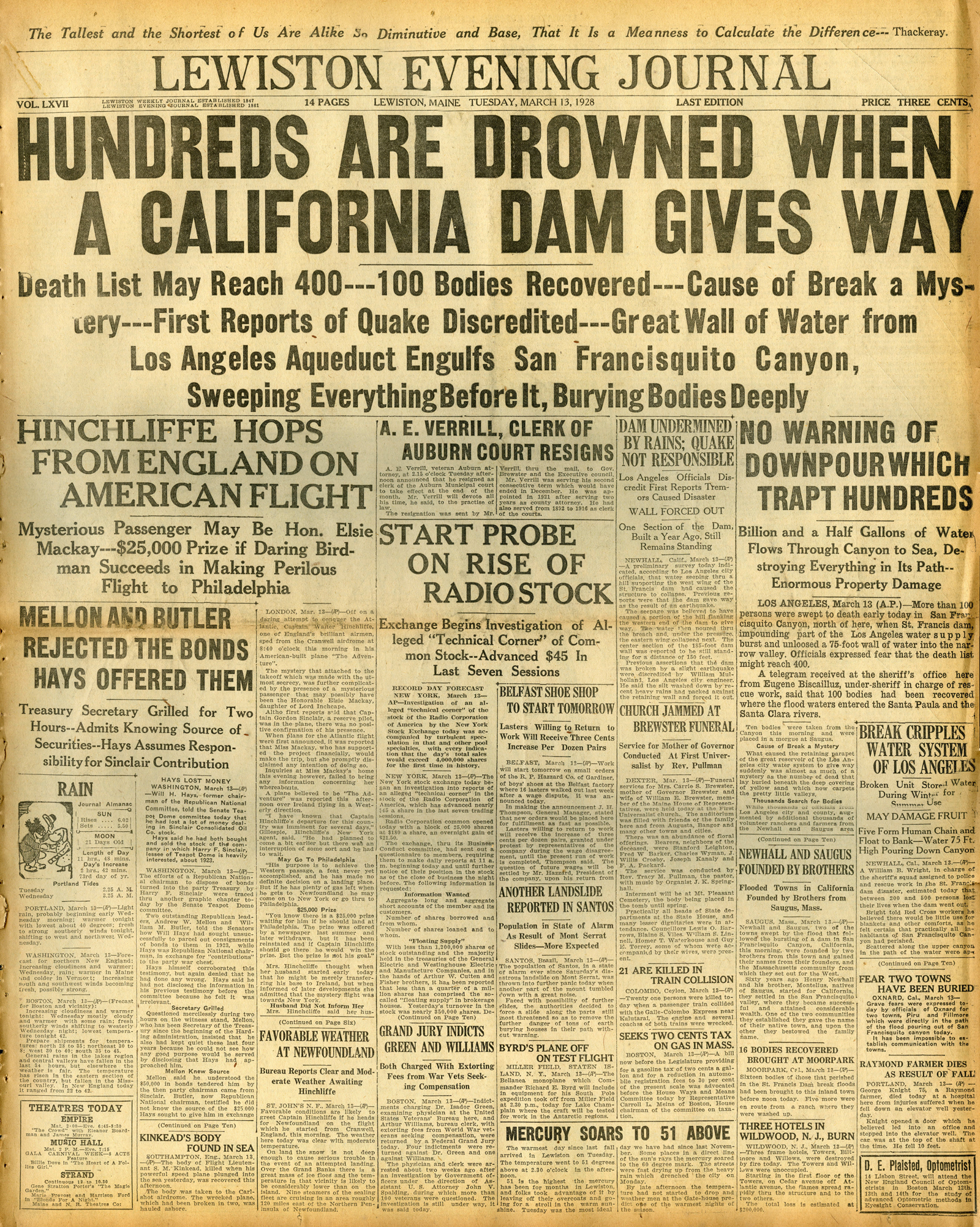 Newspapers of the St. Francis Dam Disaster.

LEWISTON EVENING JOURNAL(NEWSPAPER),

TUESDAY, MARCH 13, 1928