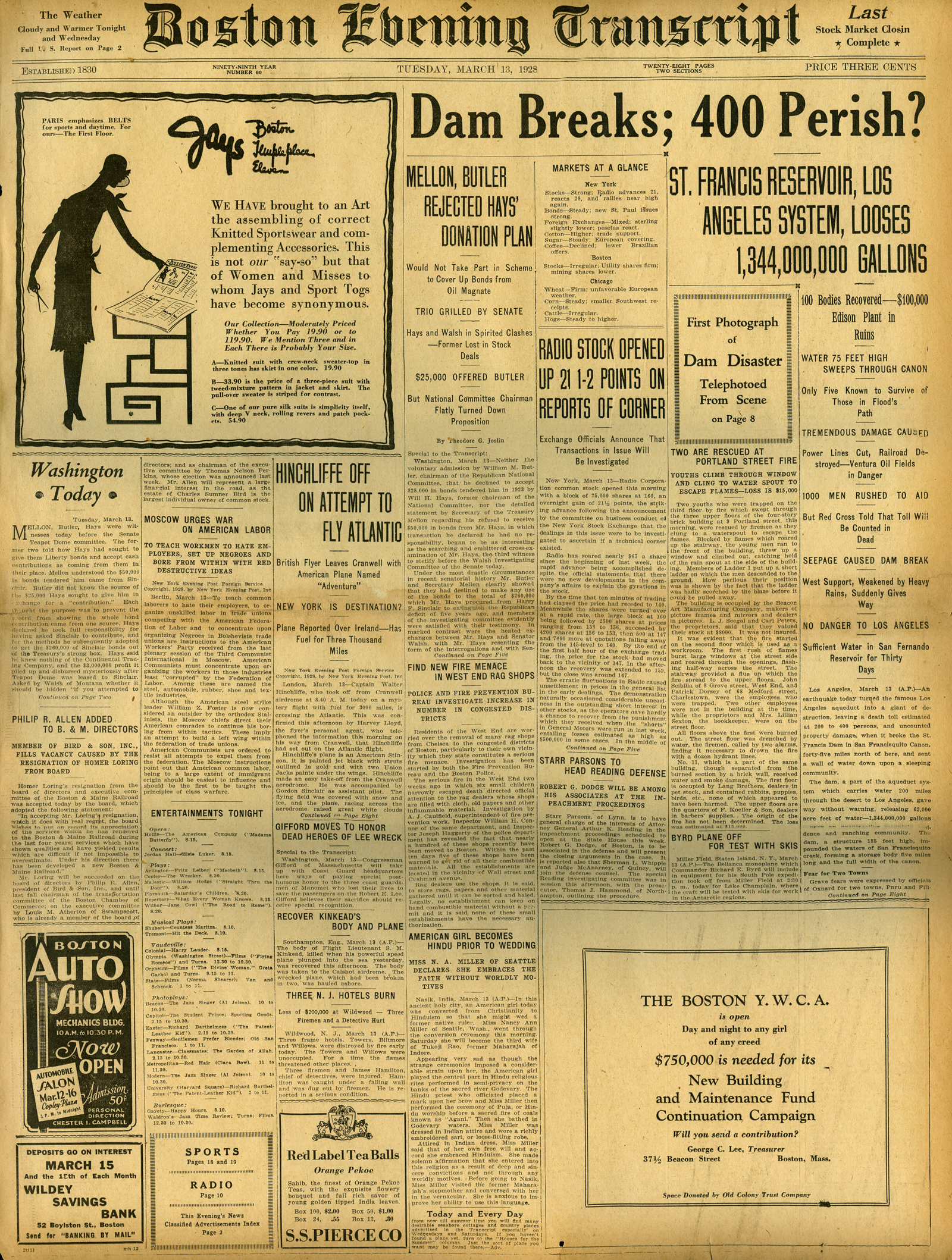Newspapers of the St. Francis Dam Disaster.

BOSTON EVENING TRANSCRIPT (NEWSPAPER),

TUESDAY, MARCH 13, 1928