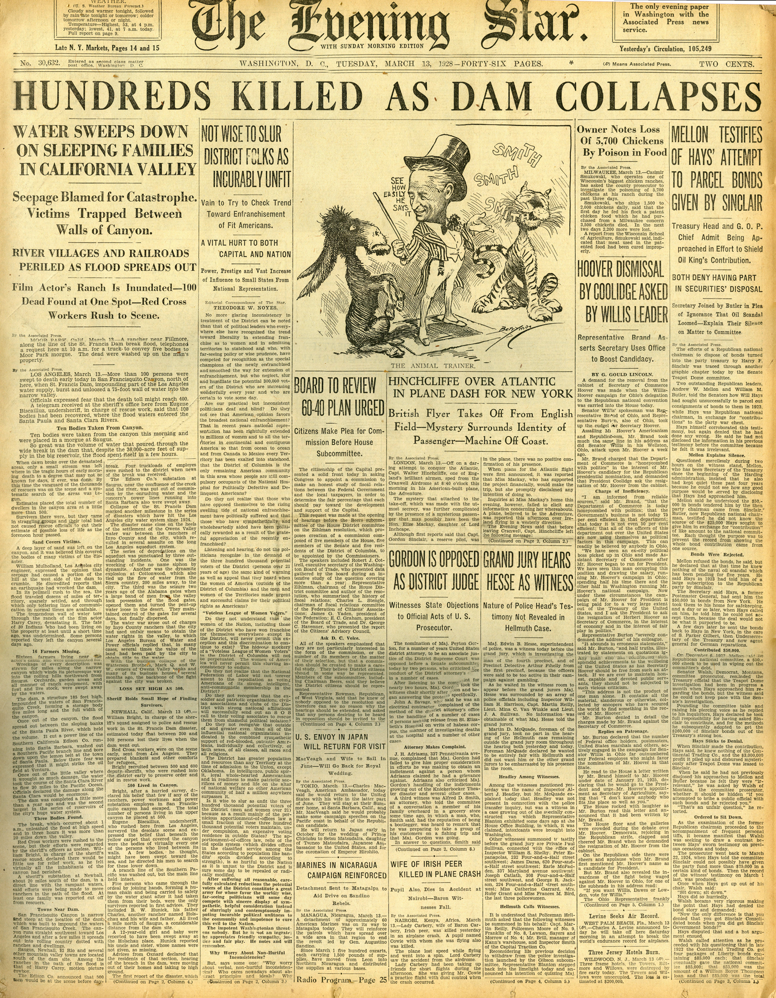 Newspapers of the St. Francis Dam Disaster.

THE EVENING STAR(NEWSPAPER),

TUESDAY, MARCH 13, 1928