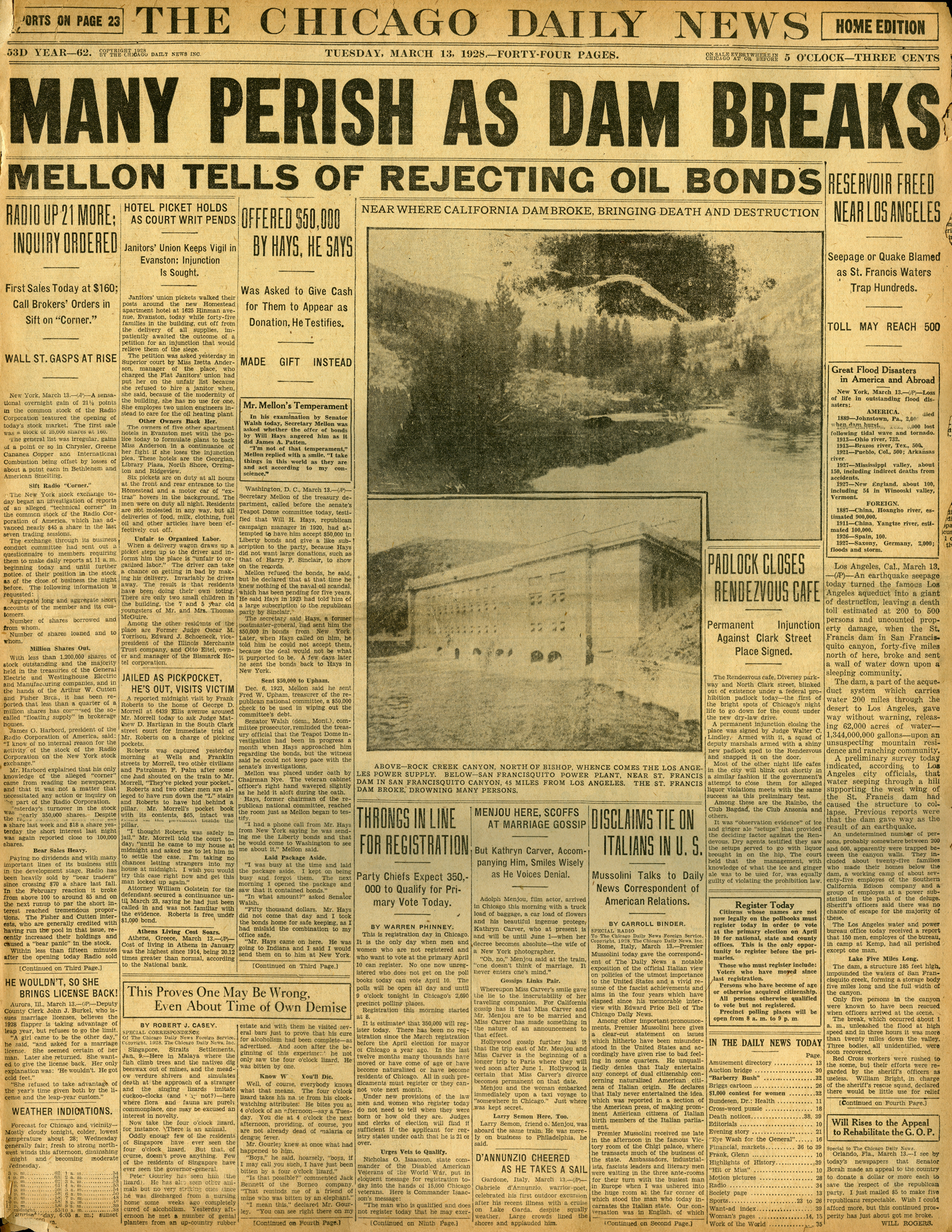 Newspapers of the St. Francis Dam Disaster.

THE CHICAGO DAILY NEWS (NEWSPAPER),

TUESDAY, MARCH 13, 1928