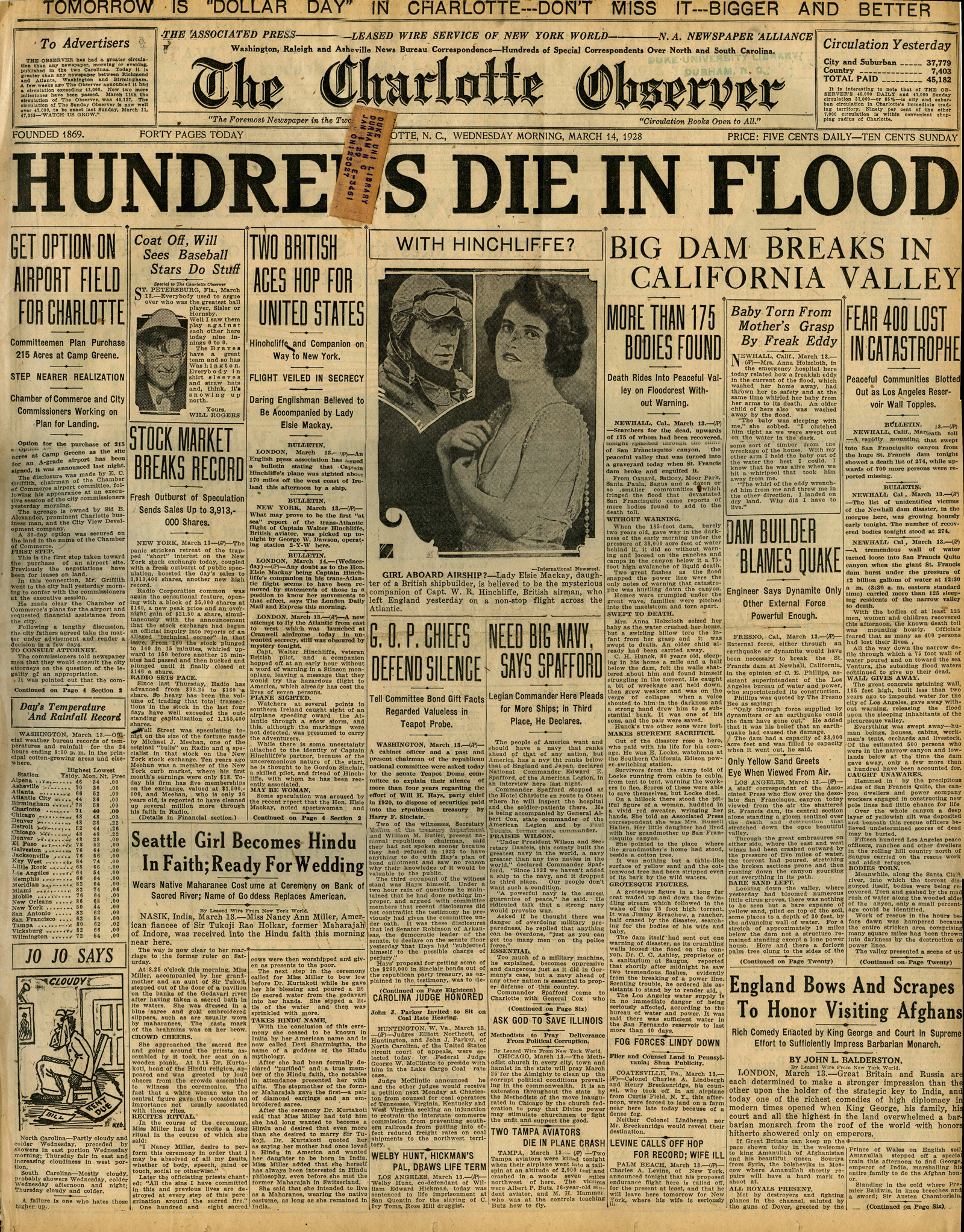 St. Francis Dam Disaster.

THE CHARLOTTE OBSERVER (NEWSPAPER),

WEDNESDAY, MARCH 14, 1928