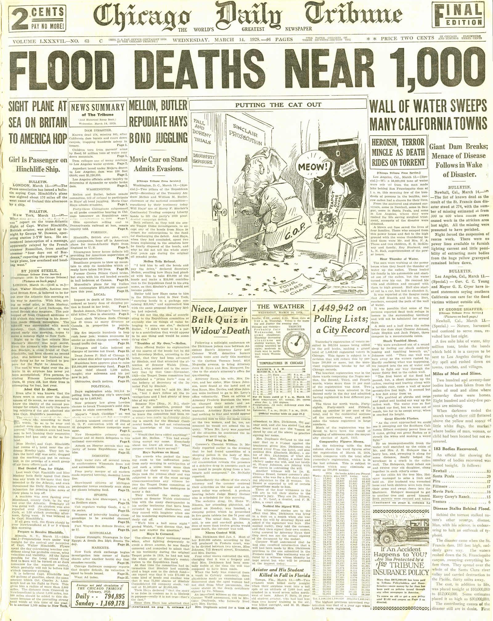 St. Francis Dam Disaster.

CHICAGO DAILY TRIBUNE (NEWSPAPER),

WEDNESDAY, MARCH 14, 1928