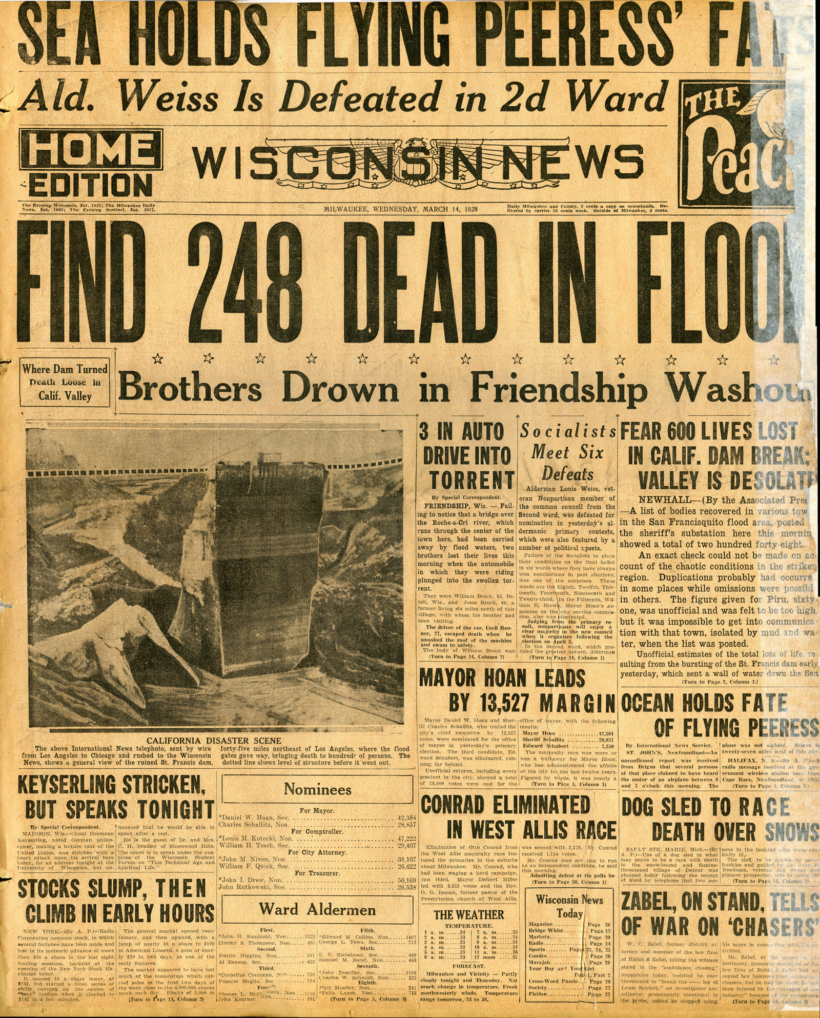St. Francis Dam Disaster.

WISCONSIN NEWS (NEWSPAPER),

WEDNESDAY, MARCH 14, 1928