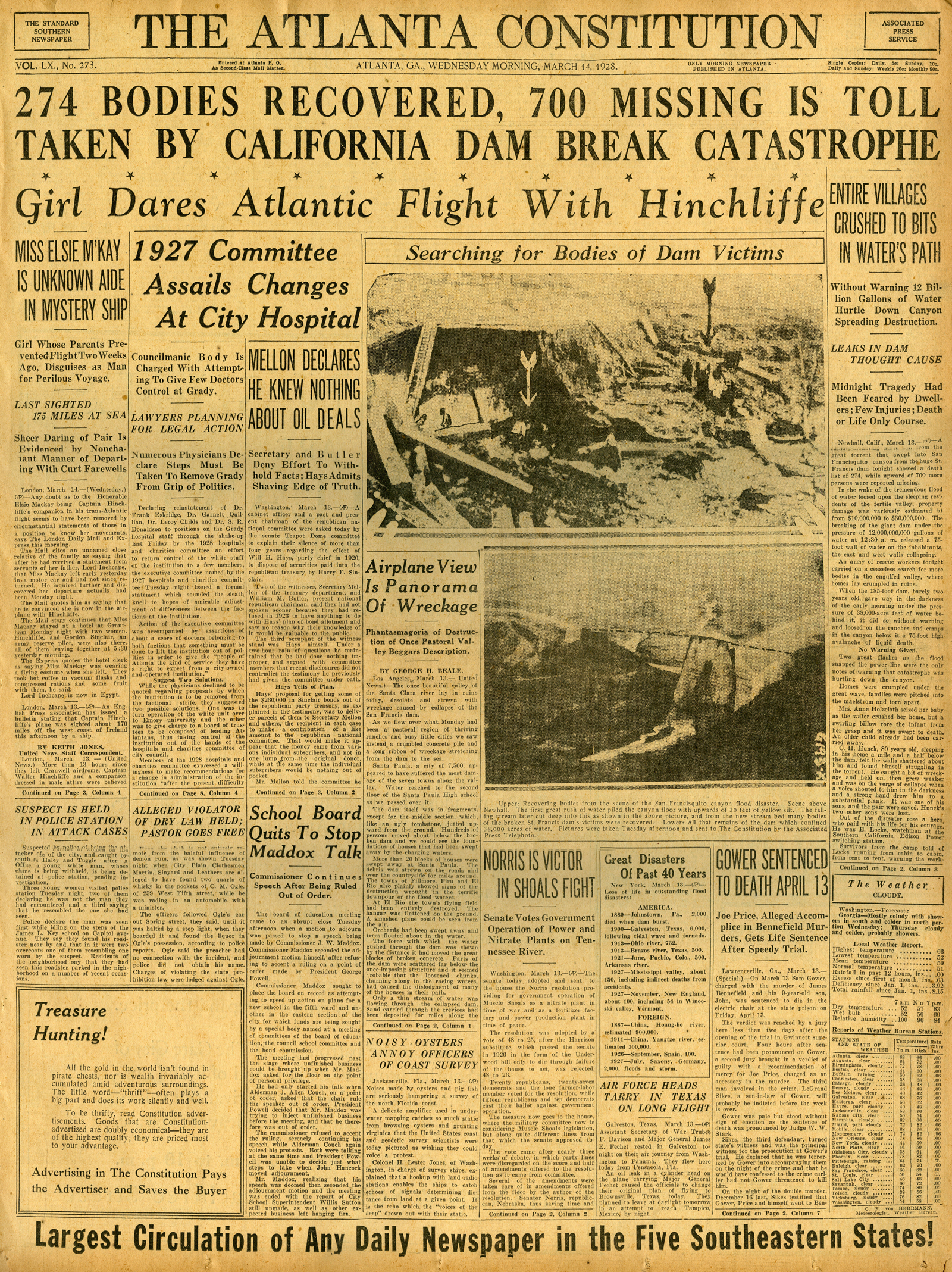St. Francis Dam Disaster.

THE ATLANTA CONSTITUTION(NEWSPAPER),

WEDNESDAY, MARCH 14, 1928