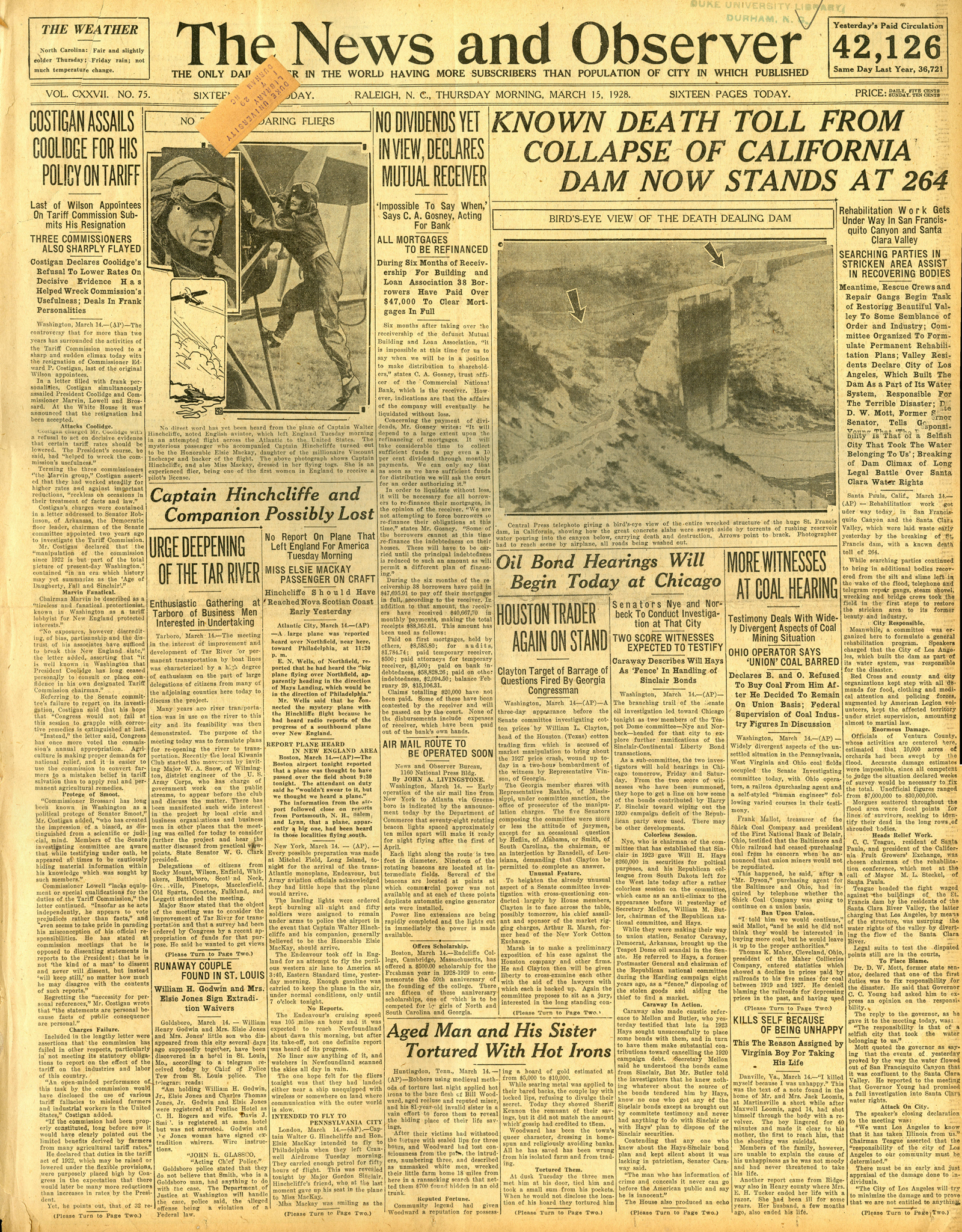 St. Francis Dam Disaster.

THE NEWS AND OBSERVER (NEWSPAPER),

THURSDAY, MARCH 15, 1928