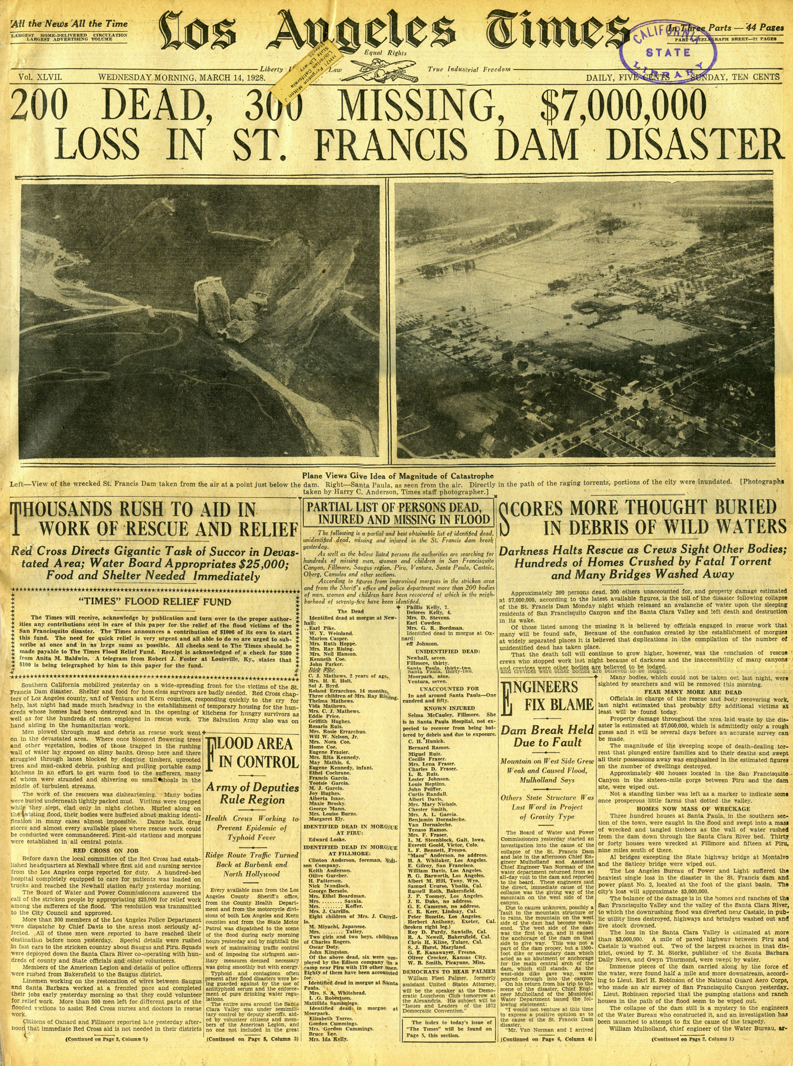 St. Francis Dam Disaster

LOS ANGELES TIMES

Los Angeles, California | Wednesday, March 14, 1928