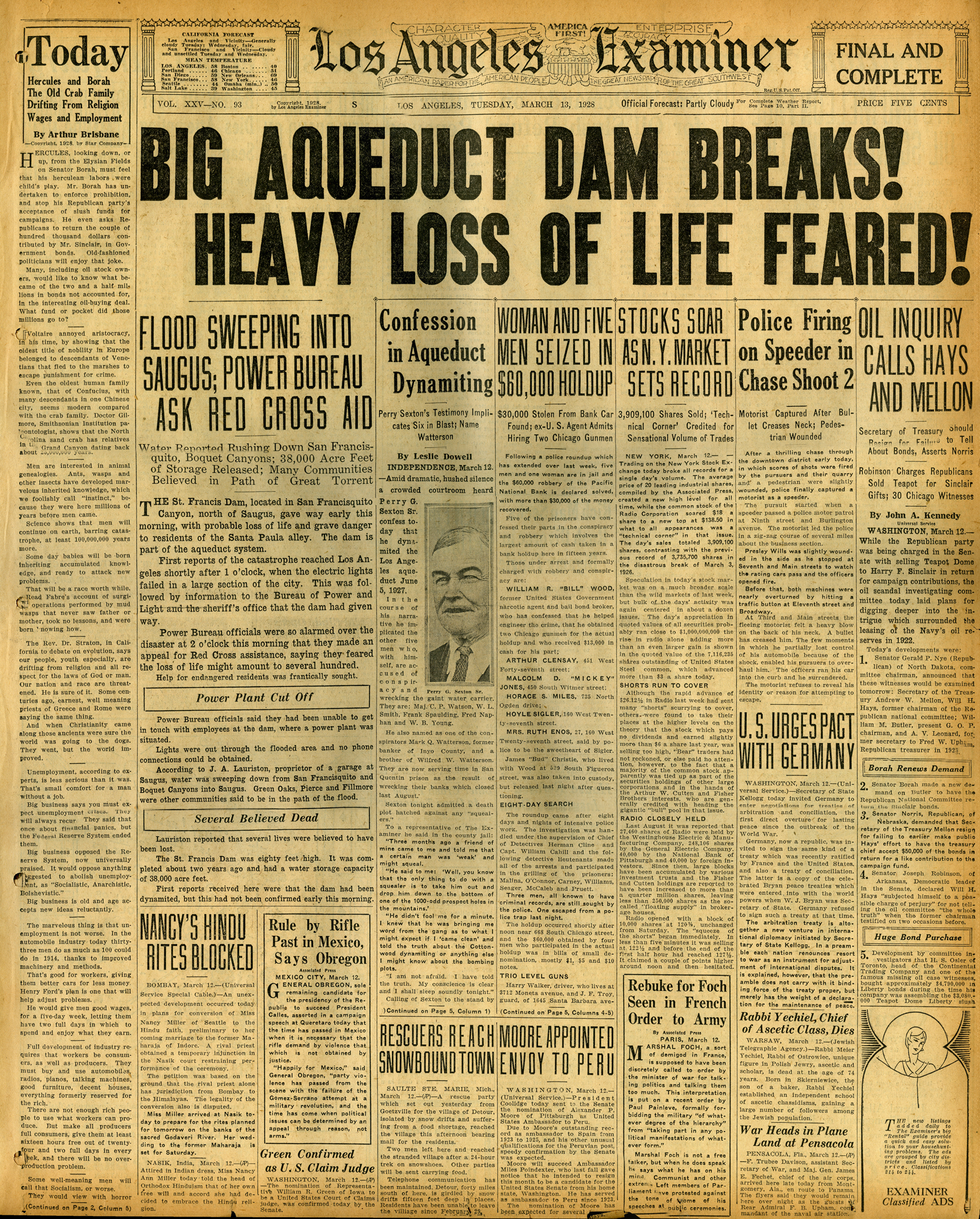 Newspapers of the St. Francis Dam Disaster

LOS ANGELES EXAMINER

Los Angeles, California | Tuesday, March 13, 1928