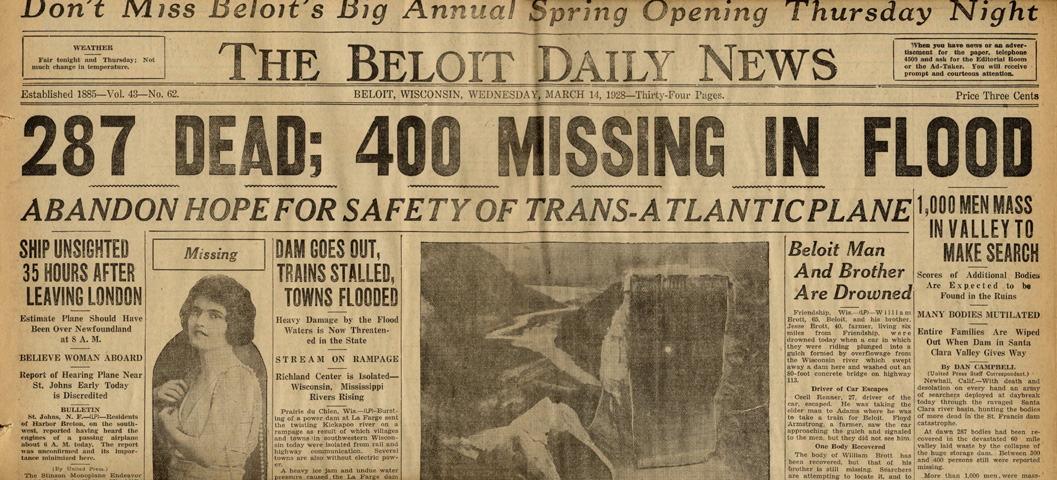 St. Francis Dam Disaster.

The Beloit Daily News (newspaper),
Beloit, Wisconsin.

Wednesday, March 14, 1928