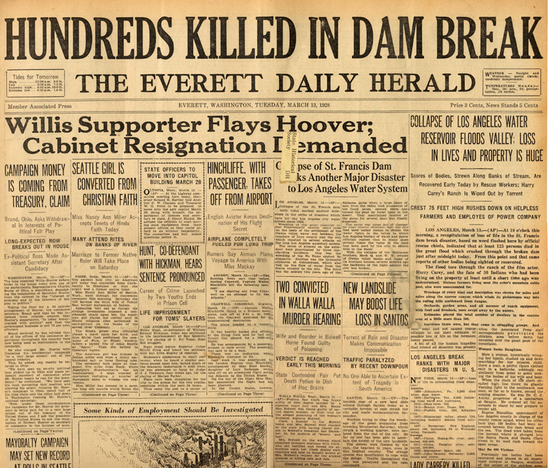 Newspapers of the St. Francis Dam Disaster.

The Everett Daily Herald (newspaper),
Everett, Washington.

Tuesday, March 13, 1928