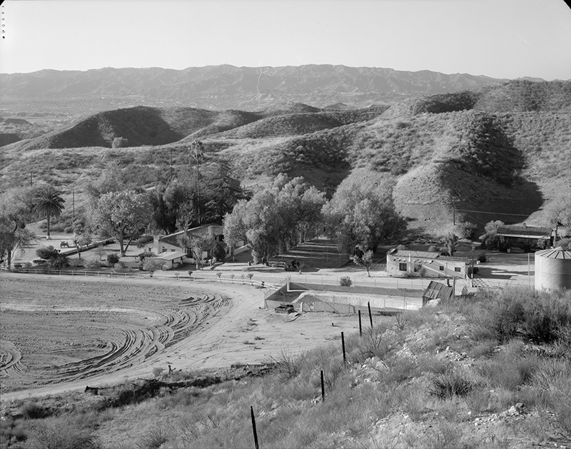 GENERAL VIEW OF MAIN HOUSE, TENNIS COURTS, SWIMMING POOL, JOE'S CABIN AND BUNKHOUSE (LEFT TO RIGHT); CAMERA FACING SOUTH