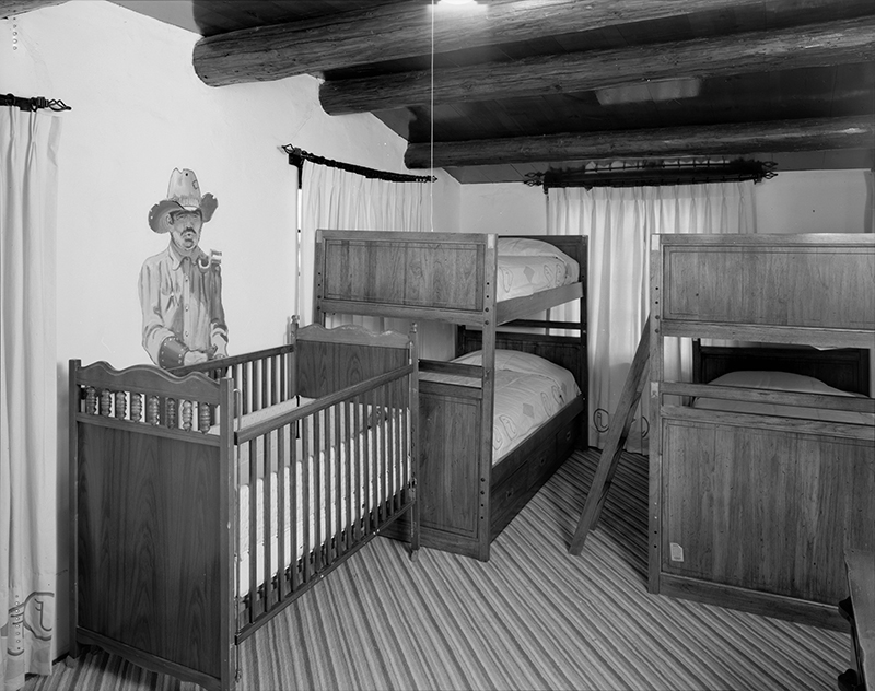 INTERIOR DETAIL OF WEST BEDROOM, NORTH WING, SHOWING COWBOY MURAL; CAMERA FACING NORTHWEST 