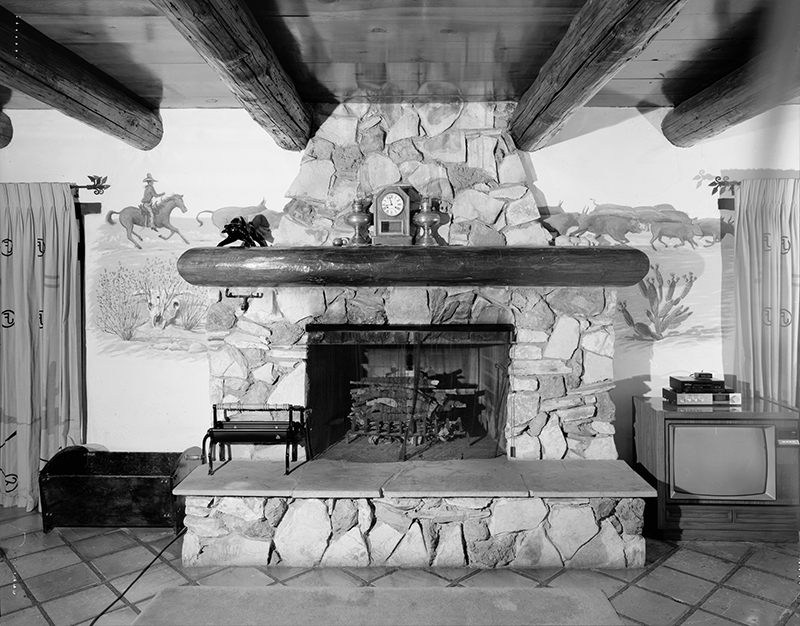 INTERIOR DETAIL OF FIREPLACE AND CATTLE DRIVE MURAL IN LIVING ROOM; CAMERA FACING WEST 