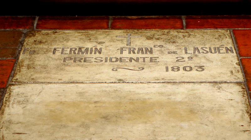 Fr. Fermin Lasuen is entombed in a crypt beneath his  headstone next to the altar.