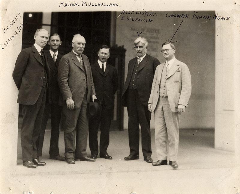 William Mulholland, Coroner Frank Nance, Others. HALL OF JUSTICE, LOS ANGELES. Photos of the St. Francis Dam disaster. 
