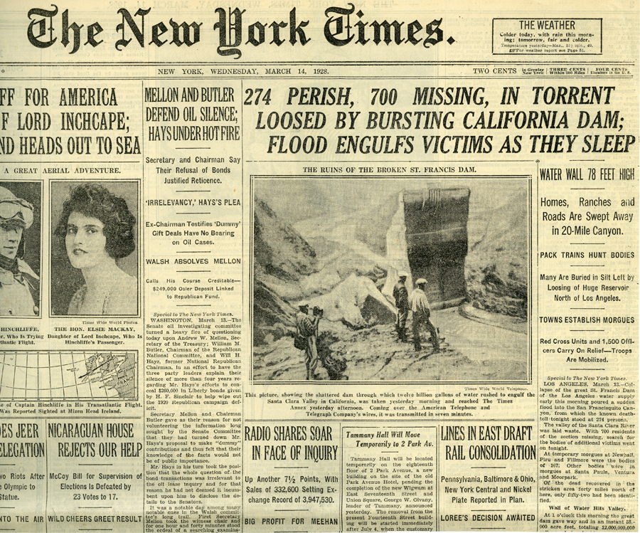St. Francis Dam Disaster.

New York Times (newspaper),
New York, New York.

Wednesday, March 14, 1928