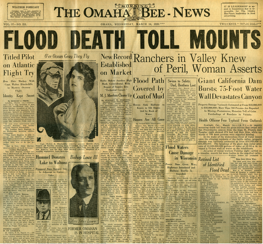 St. Francis Dam Disaster.

Omaha Morning Bee-News (newspaper),
Omaha, Nebraska.

Wednesday, March 14, 1928