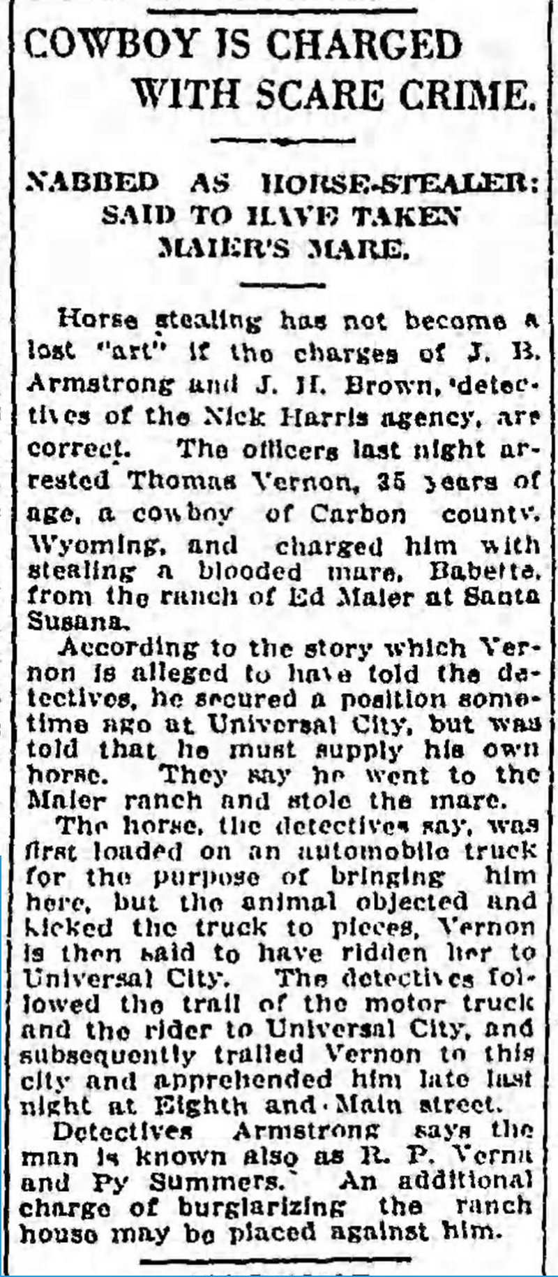  | People | Future Train Robber Tom Vernon Arrested for Horse  Stealing in Ventura County, 1920.