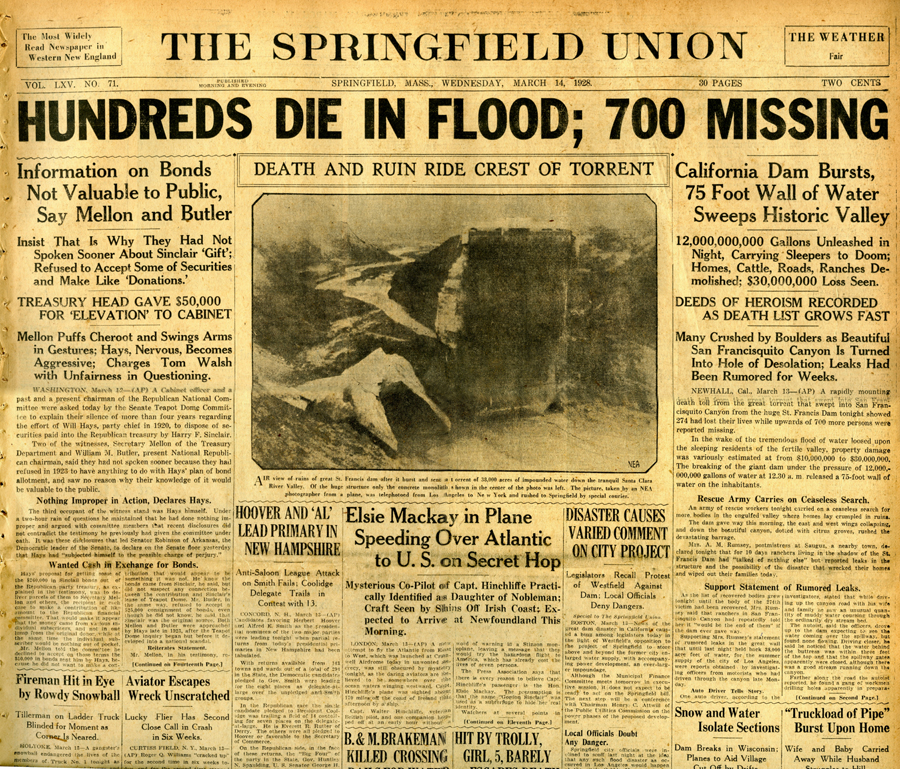 St. Francis Dam Disaster.

The Springfield Union (newspaper),
Springfield, Massachusetts.

Wednesday, March 14, 1928